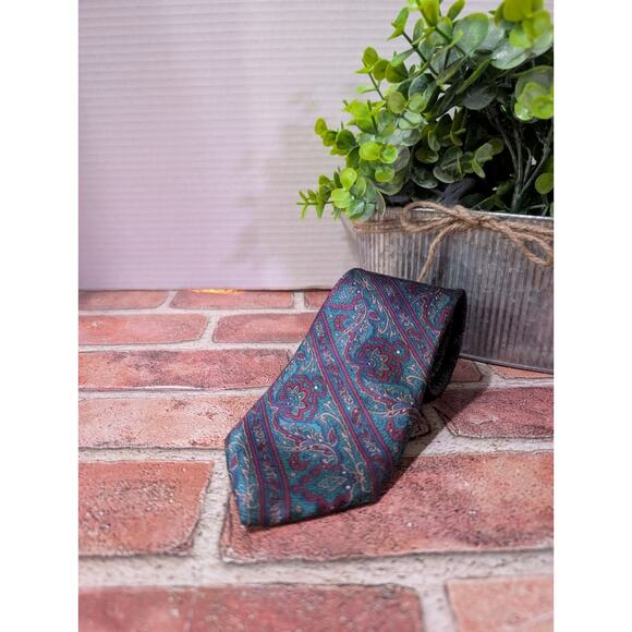 MILANO Mens Neck Tie All Genuine Silk Teal Floral Pattern Made In USA ~ Vintage - Picture 1 of 6